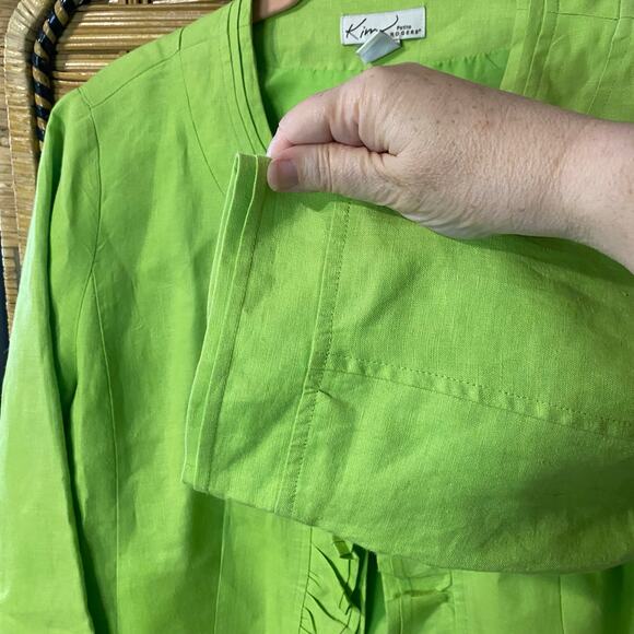 Kim Rogers Petite Linen Jacket P
Medium Green Ruffle Trim Open Front 3/4 Sleeve - Picture 7 of 9